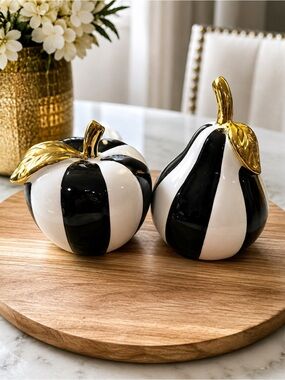Black & White Striped Ceramic apple and Pear Decorative Set